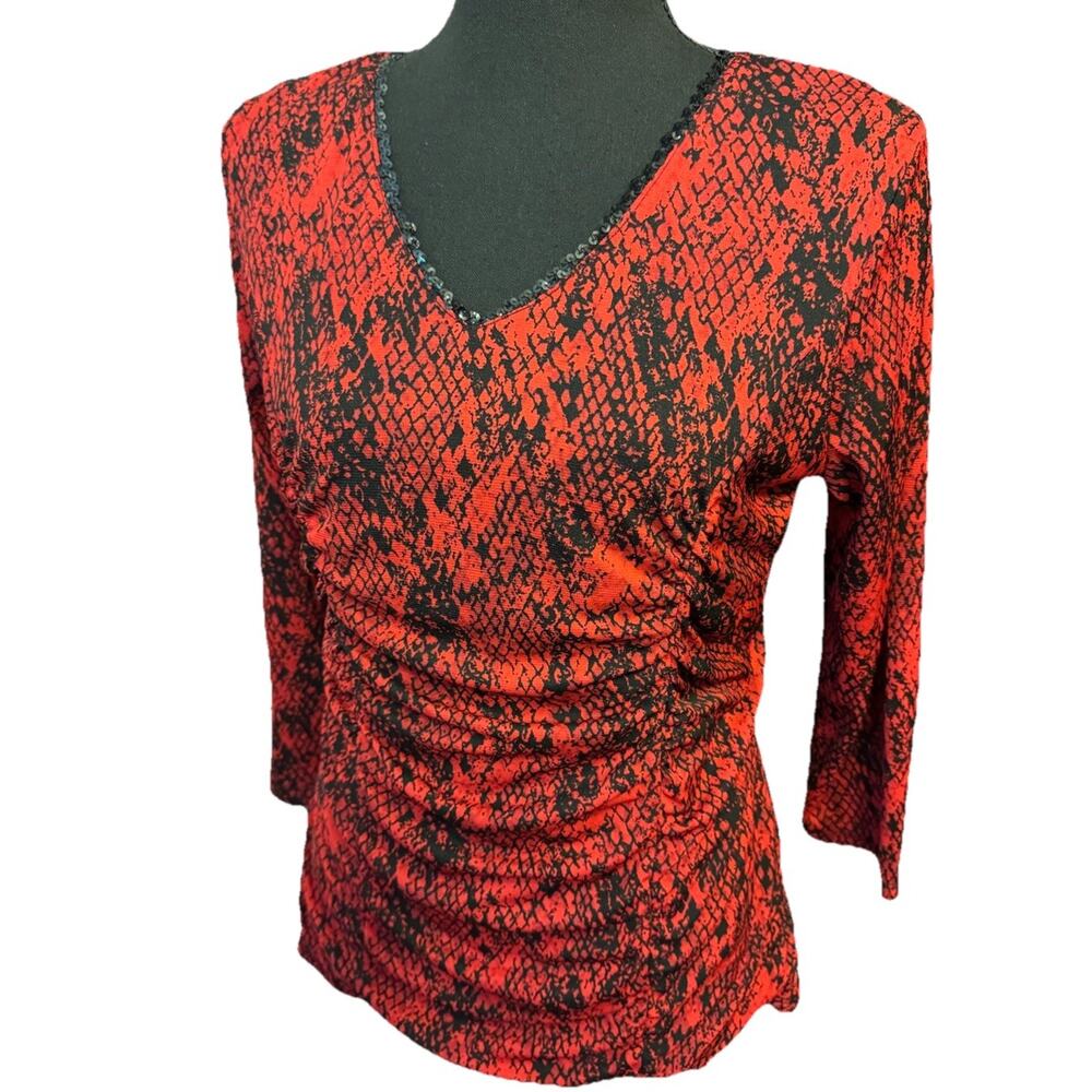 VTG Whimsigoth Blouse Large Petite Ruched Snake Print Sequin Neckline Vamp Y2K